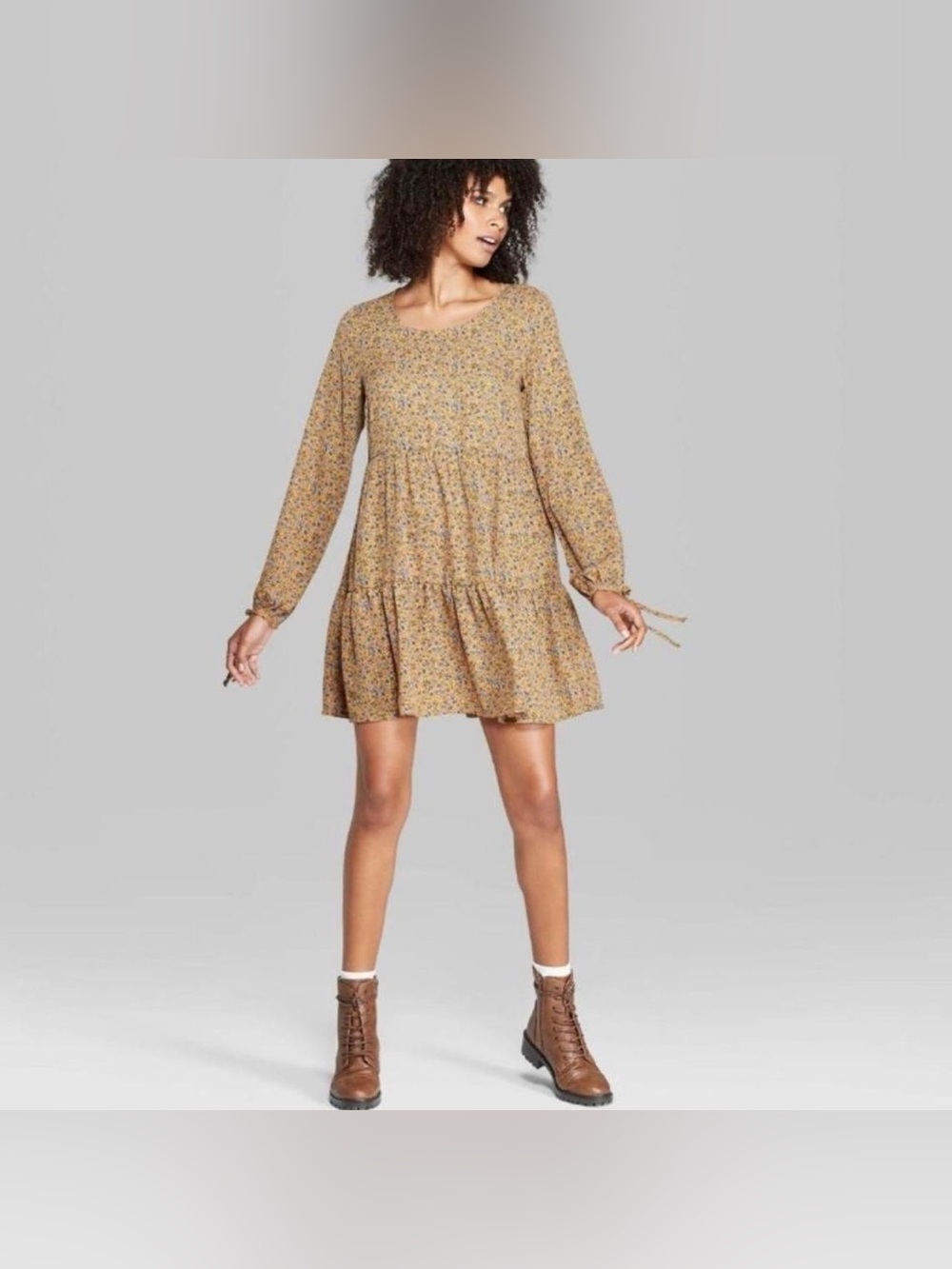 Wild Fable Women’s XS Mustard Floral Tiered Long Sleeve Dress Tie Cuff Boho